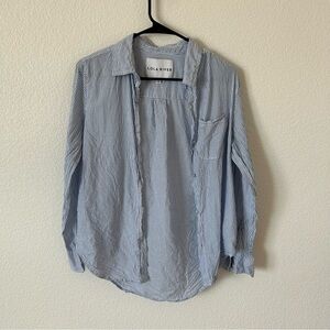 Blue and White Striped Button Down Collard, Academia, Casual, Semi Casual Shirt